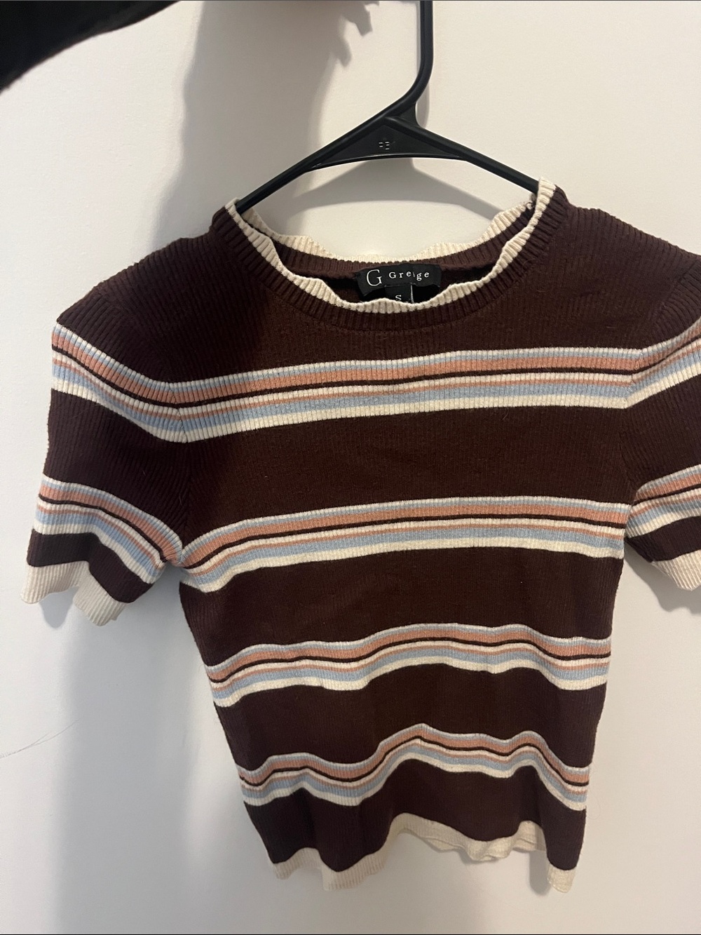 Greige Brown Striped Short-Sleeve Crewneck Sweater